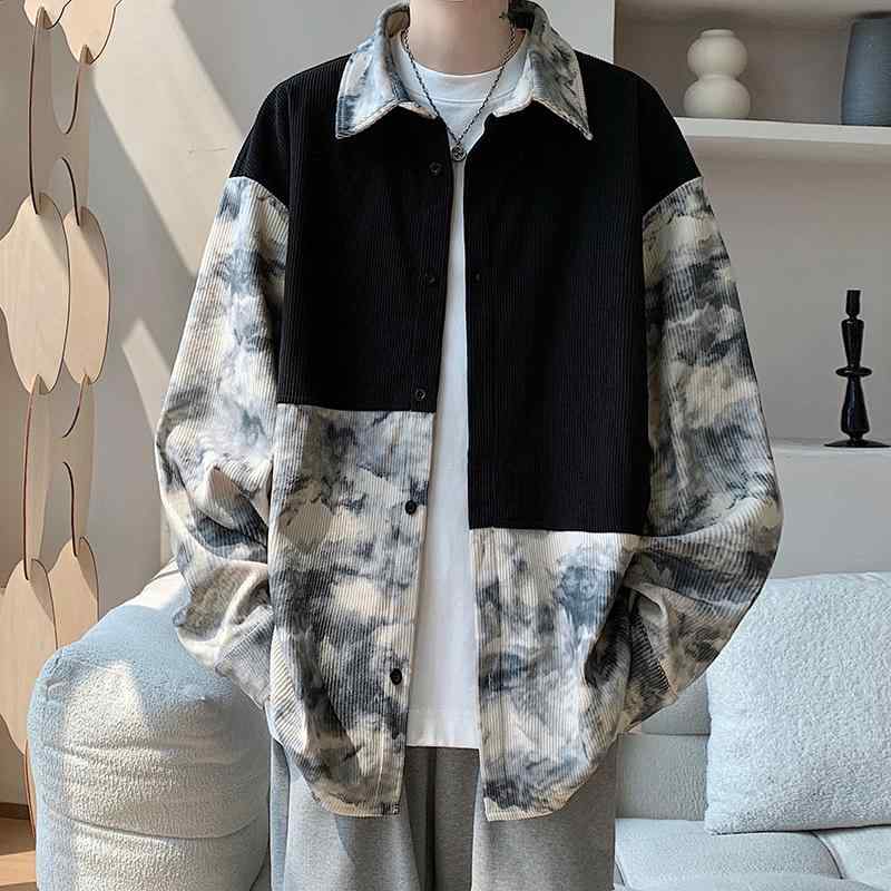 秋冬 コーデ メンズ 服 シンプル ファッション オシャレ 大人 かっこいい 大きいサイズ ストリート 紳士服 水墨画 タイダイ柄 シャツ 長袖 オーバー サイズ コーデュロイ カジュアル ジャケット