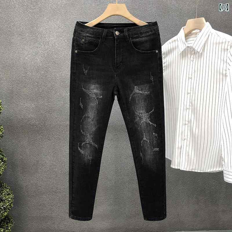 秋冬 コーデ メンズ 服 シンプル ファッション オシャレ 大人 かっこいい 大きいサイズ ストリート 紳士服 黒 グレー ジーンズ ハイエンド スリムフィット パンツ