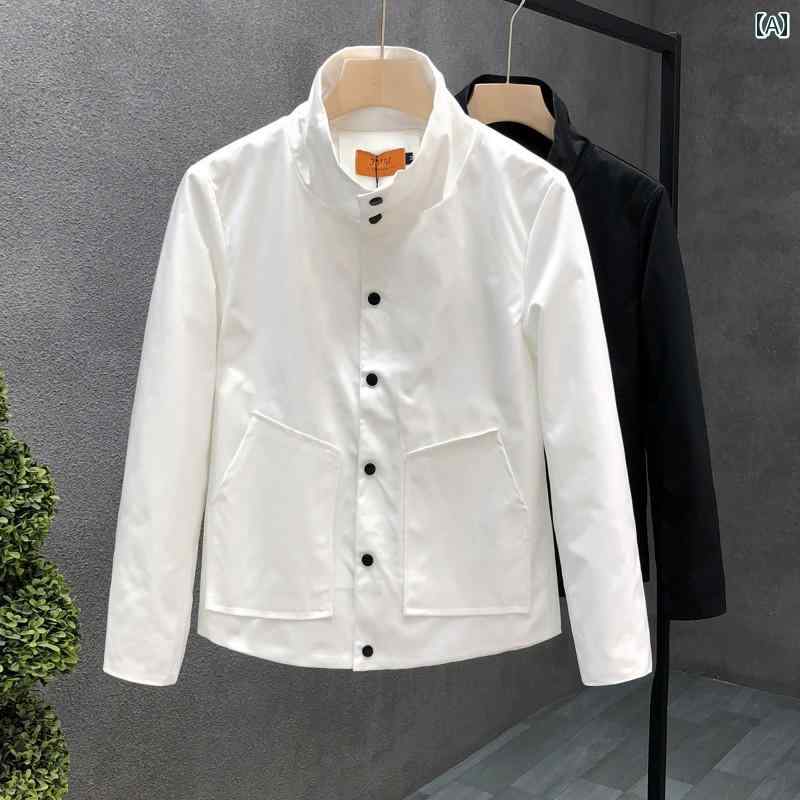 秋冬 コーデ メンズ 服 シンプル ファッション オシャレ 大人 かっこいい 大きいサイズ ストリート 紳士服 白 スピリット スリムフィット トップス 薄手 スタンドカラー ジャケット