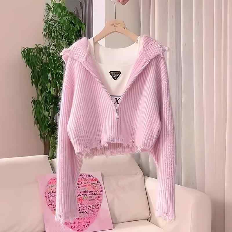 ピンク タッセル フード付き ニットカーディガン ジャケット 秋 トップ