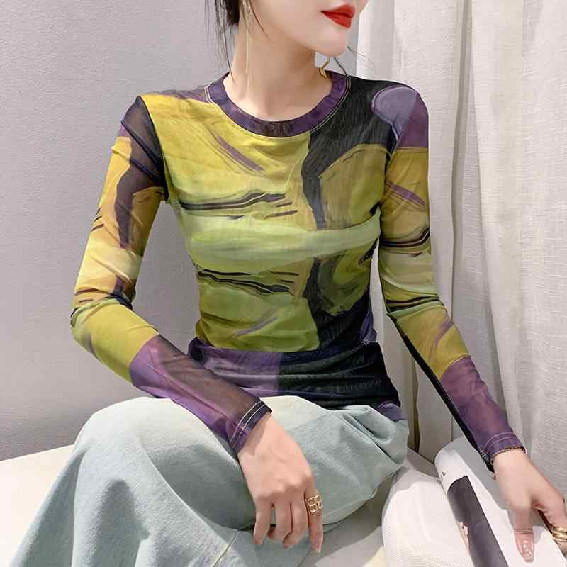 秋服 コーデ レディース ファッション オシャレ カワイイ シンプル 大人カワイイ 大きいサイズ プリント メッシュ トップス ハイエンド 長袖 T シャツ スリム レイヤリング