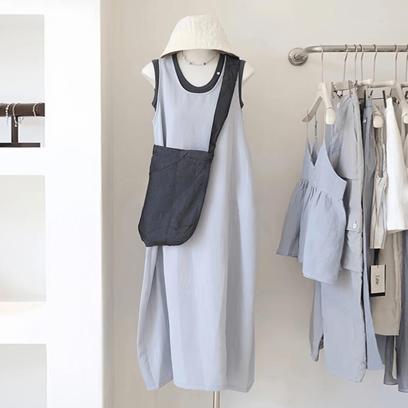 韓国 クールスタイル グレー u ネックノースリーブ ベスト T シャツ ドレス 夏服