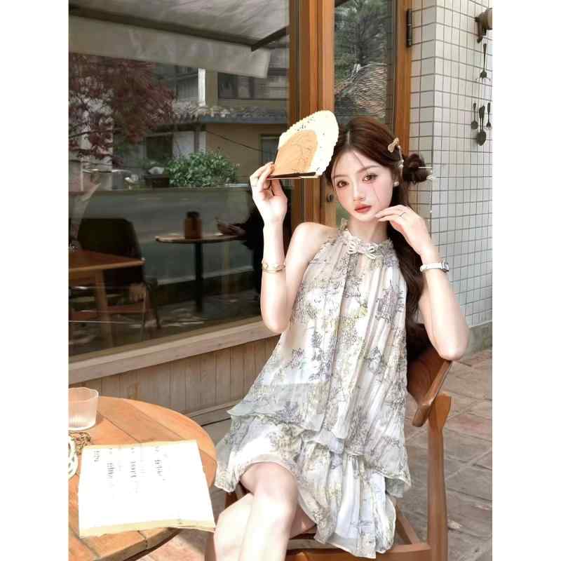 Rakuten - 秋服 コーデ レディース ファッション オシャレ カワイイ シンプル 大人カワイイ 大きいサイズ プリント ホルター トップス ロング シャツ スカート スーツ 2点 セット