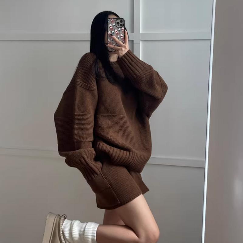 乐天商城 - 秋服 コーデ レディース ファッション オシャレ カワイイ シンプル 大人カワイイ 大きいサイズ 長袖 ニット セーター スーツ レトロ ハイウエスト ワイド レッグ パンツ 2点 セット