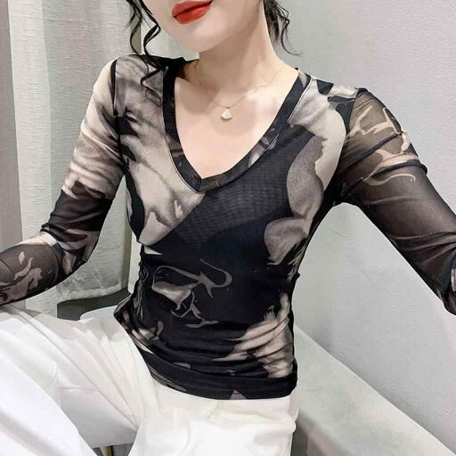 秋冬 コーデ レディース ファッション オシャレ 服 カワイイ シンプル 大人カワイイ 大きいサイズ メッシュ シャツ スリムフィット 西洋風 レトロ プリント Vネック 長袖 T 秋冬 コーデ レディース ファッション オシャレ 服 カワイイ シンプル 大人カワイイ 大きいサイズ メッシュ シャツ スリムフィット 西洋風 レトロ プリント Vネック 長袖 T