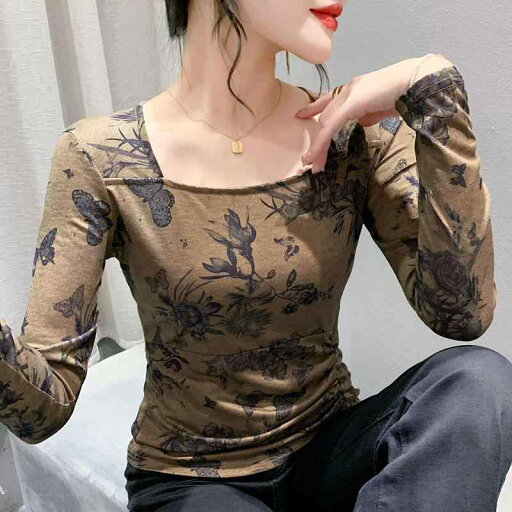 秋冬 コーデ レディース ファッション オシャレ 服 カワイイ シンプル 大人カワイイ 大きいサイズ レトロ プリント スクエアネック シャツ 長袖 スリムフィット T ウエスタン インナーウェア トップス 秋冬 コーデ レディース ファッション オシャレ 服 カワイイ シンプル 大人カワイイ 大きいサイズ レトロ プリント スクエアネック シャツ 長袖 スリムフィット T ウエスタン インナーウェア トップス