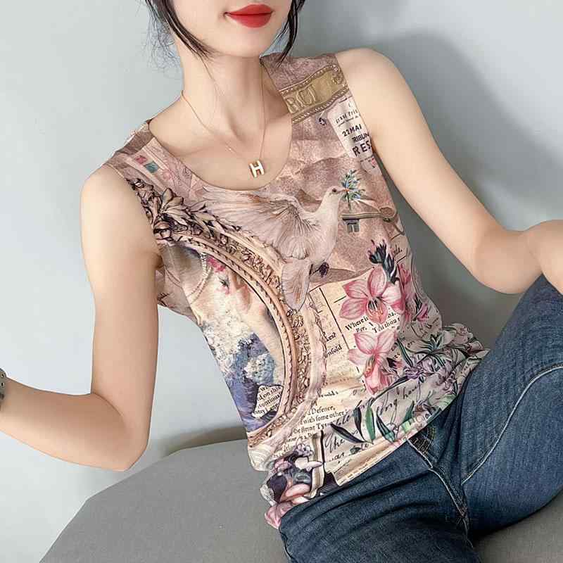 秋冬 コーデ レディース ファッション オシャレ 服 カワイイ シンプル 大人カワイイ 大きいサイズ レトロ プリント キャミソール ウェア スリム ノースリーブ T シャツ トップス(4)