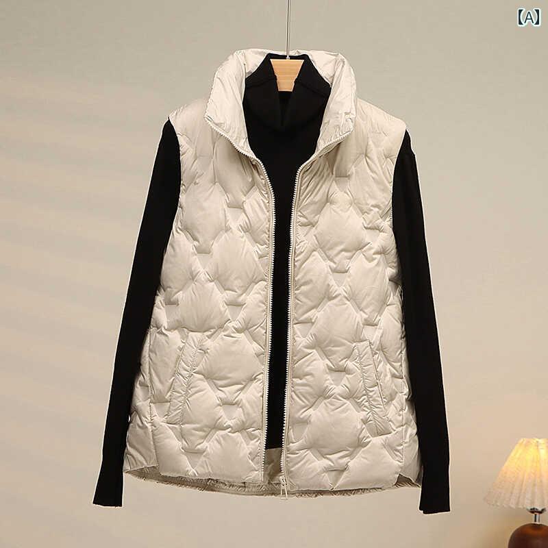 秋冬 コーデ レディース ファッション オシャレ 服 カワイイ シンプル 大人カワイイ 大きいサイズ ダウン ジャケット ベスト 薄手 ホワイトダックダウン チョッキ スタンドカラー