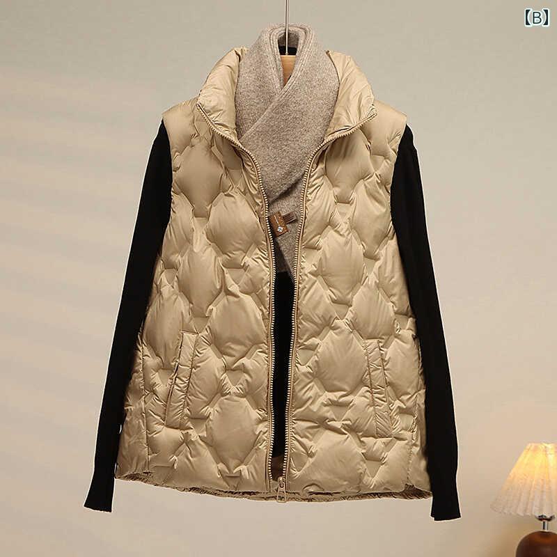 秋冬 コーデ レディース ファッション オシャレ 服 カワイイ シンプル 大人カワイイ 大きいサイズ ダウン ジャケット ベスト 薄手 ホワイトダックダウン チョッキ スタンドカラー