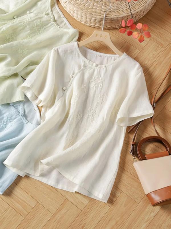 秋冬 コーデ レディース ファッション オシャレ 服 カワイイ シンプル 大人カワイイ 大きいサイズ 半袖 シャツ レトロ 綿 リネン トップス バックル