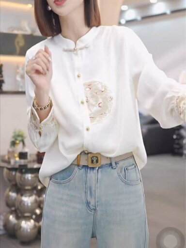 秋冬 コーデ レディース ファッション オシャレ 服 カワイイ シンプル 大人カワイイ 大きいサイズ トップス シック 白 シャツ 長袖 レトロ ディスク ボタン スタンドカラー 秋冬 コーデ レディース ファッション オシャレ 服 カワイイ シンプル 大人カワイイ 大きいサイズ トップス シック 白 シャツ 長袖 レトロ ディスク ボタン スタンドカラー