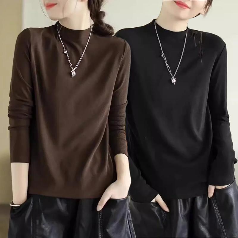 秋冬 コーデ レディース ファッション オシャレ 服 カワイイ シンプル 大人カワイイ 大きいサイズ トップス 長袖 ベルベット ハーフ タートルネック スリム レトロ レイヤリング シャツ