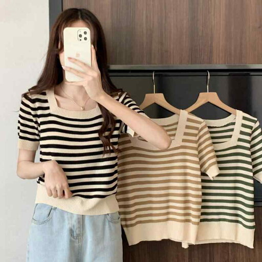 秋冬 コーデ レディース ファッション オシャレ 服 カワイイ シンプル 大人カワイイ 大きいサイズ スクエアネック レトロ ストライプ 半袖 ショルダー T シャツ セーター トップス 秋冬 コーデ レディース ファッション オシャレ 服 カワイイ シンプル 大人カワイイ 大きいサイズ スクエアネック レトロ ストライプ 半袖 ショルダー T シャツ セーター トップス