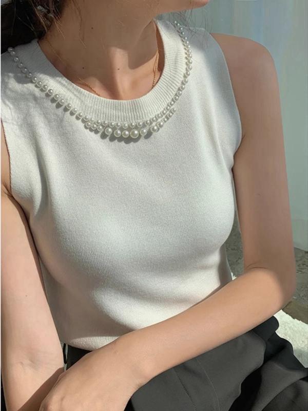 秋冬 コーデ レディース ファッション オシャレ 服 カワイイ シンプル 大人カワイイ 大きいサイズ ベスト スリム 薄型 セーター ラウンドネック ノースリーブ スーツ ビーズ トップス(4.0)