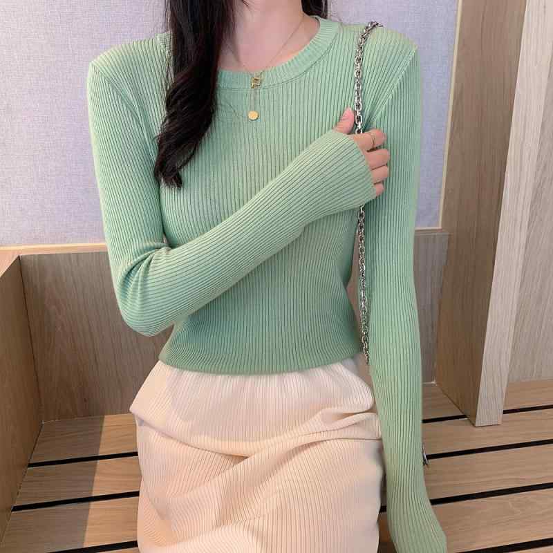 秋冬 コーデ レディース ファッション オシャレ 服 カワイイ シンプル 大人カワイイ 大きいサイズ スリム ラウンドネック セーター シャツ 長袖 インナー ニット