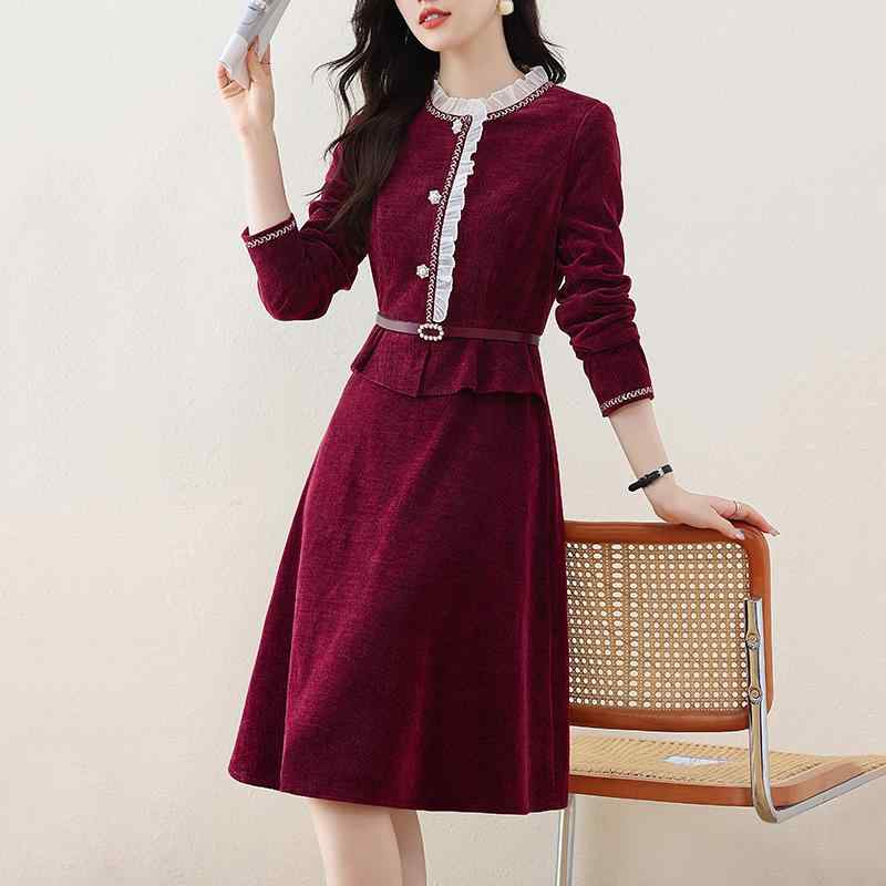 秋冬 コーデ レディース ファッション オシャレ 服 カワイイ シンプル 大人カワイイ 大きいサイズ コーデュロイ ドレス ウエスト 長袖 ミドル丈 スカート