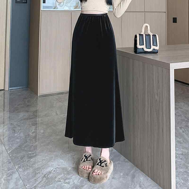 秋冬 コーデ レディース ファッション オシャレ 服 カワイイ シンプル 大人カワイイ 大きいサイズ ゴールド ベルベットスカート フィッシュ テール Aライン ミドル丈 スカート