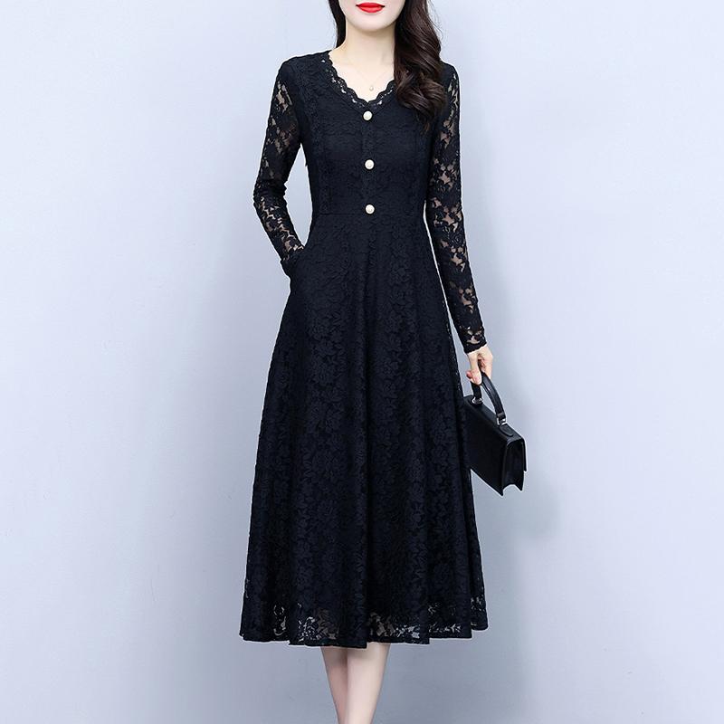 秋冬 コーデ レディース ファッション オシャレ 服 カワイイ シンプル 大人カワイイ 大きいサイズ レース ドレス ハイエンド Vネック 長袖 ミドル丈 スカート