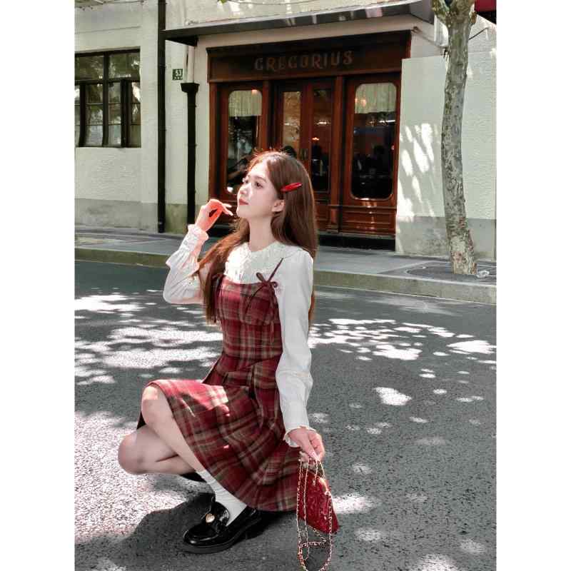 秋冬 コーデ レディース ファッション オシャレ 服 カワイイ シンプル 大人カワイイ 大きいサイズ レトロ レッド チェック柄 リボン ドレス ウエスト スカート