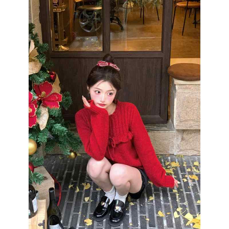 秋冬 コーデ レディース ファッション オシャレ 服 カワイイ シンプル 大人カワイイ 大きいサイズ ストロベリー ジャム レッド ウール セーター トップス