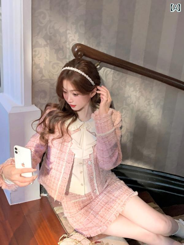 秋冬 コーデ レディース ファッション オシャレ 服 カワイイ シンプル 大人カワイイ 大きいサイズ ガールズ ピンク キルティング ジャケット スカート スーツ
