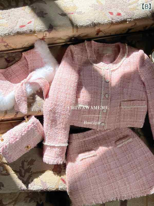 秋冬 コーデ レディース ファッション オシャレ 服 カワイイ シンプル 大人カワイイ 大きいサイズ ガールズ ピンク キルティング ジャケット スカート スーツ