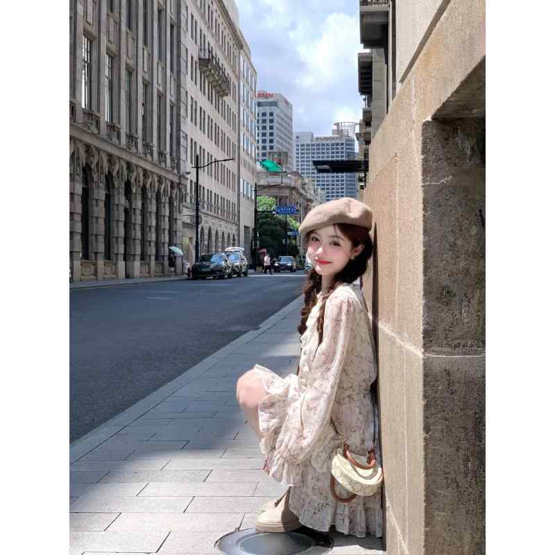 秋冬 コーデ レディース ファッション オシャレ 服 カワイイ シンプル 大人カワイイ 大きいサイズ 女子 花 フレンチ 花柄 長袖 ドレス ウエスト スカート