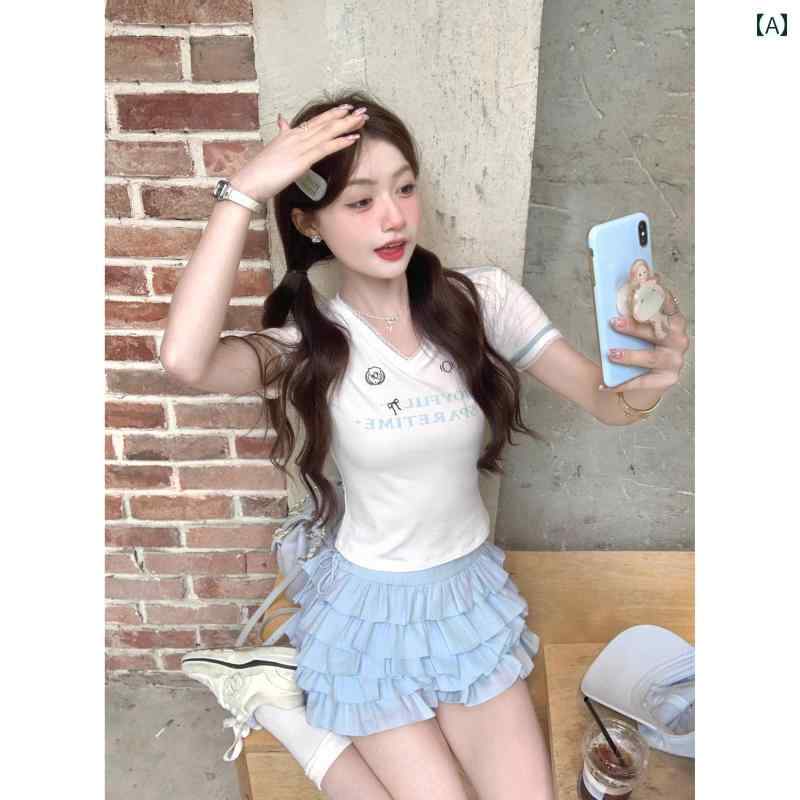 秋冬 コーデ レディース ファッション オシャレ 服 カワイイ シンプル 大人カワイイ 大きいサイズ チアリーディング チーム レター プリント Vネック 半袖 T シャツ スリム トップス