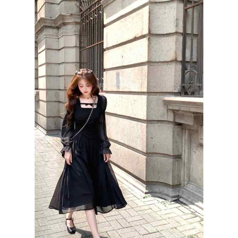 秋冬 コーデ レディース ファッション オシャレ 服 カワイイ シンプル 大人カワイイ 大きいサイズ ナイト フレンチ スクエアネック 長袖 ドレス ハイエンド ドレープ ブラック ロング