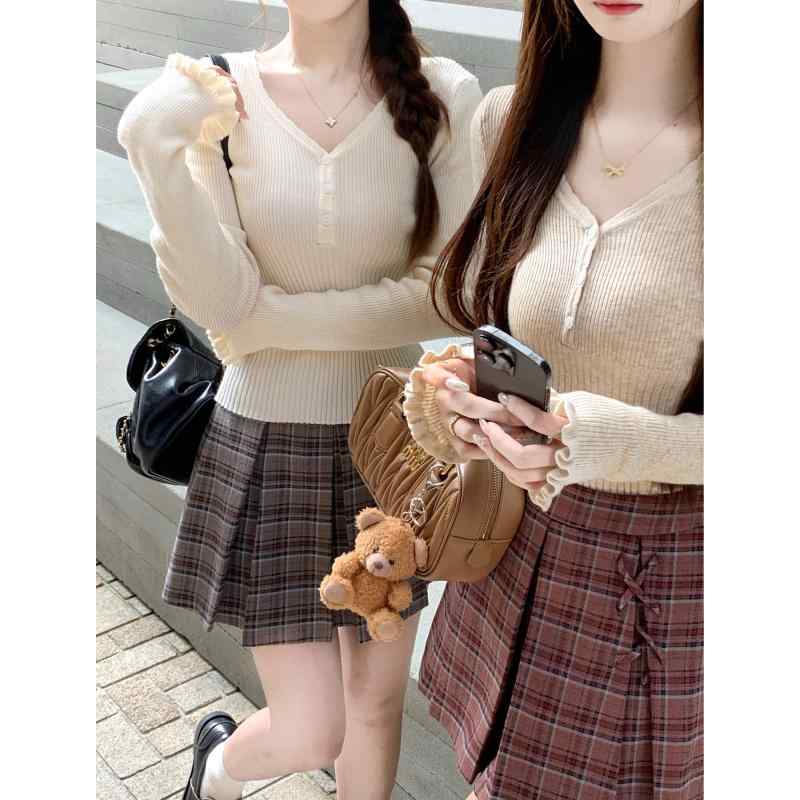 秋冬 コーデ レディース ファッション オシャレ 服 カワイイ シンプル 大人カワイイ 大きいサイズ クラウド パフ 韓国スタイル Vネック 長袖 セーター スリム トップス(4)