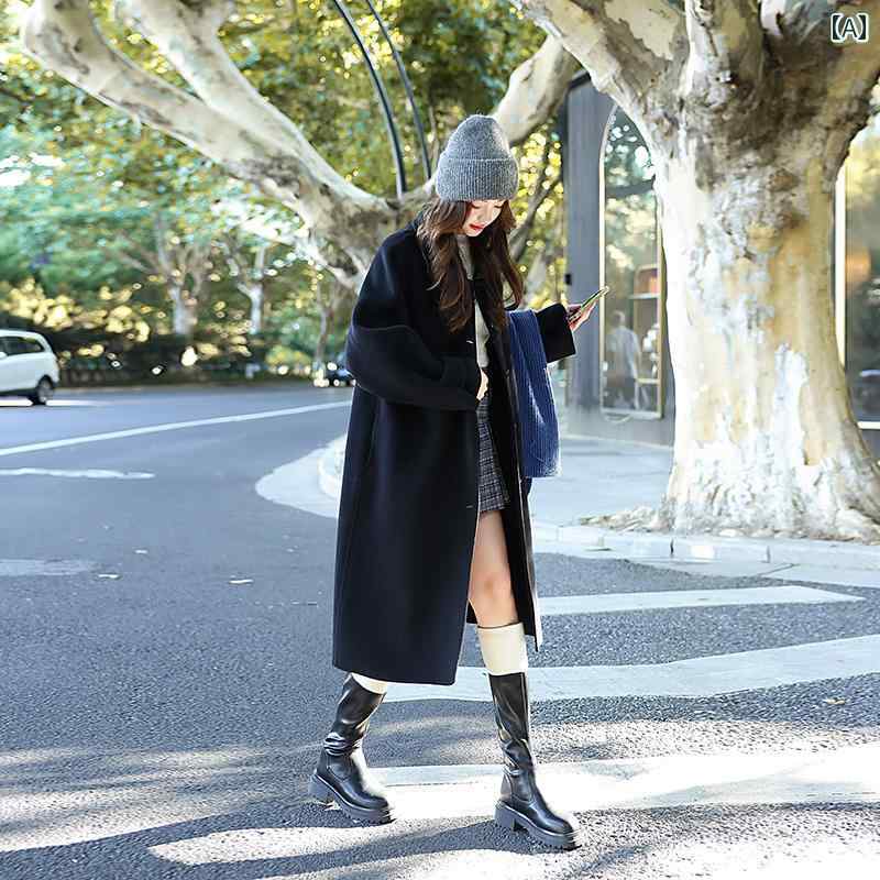 秋冬 コーデ レディース ファッション オシャレ 服 カワイイ シンプル 大人カワイイ 大きいサイズ 黒 コート ハイエンド ミドル レングス ウール