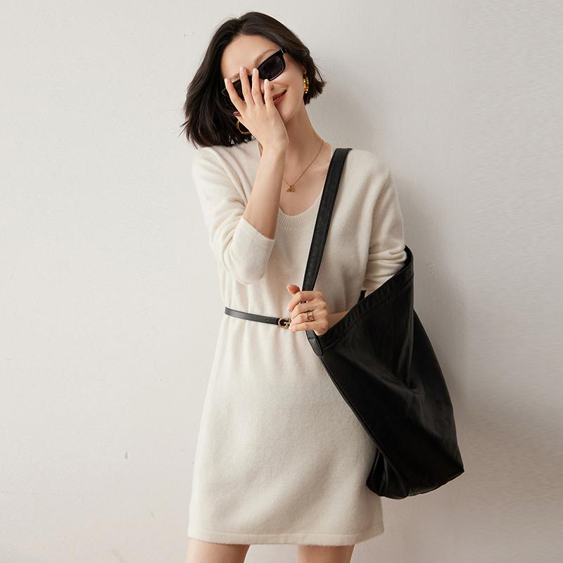 秋冬 コーデ レディース ファッション オシャレ 服 カワイイ シンプル 大人カワイイ 大きいサイズ セーター U ネック ミドル丈 ドレス スリム フレンチ ニット シャツ