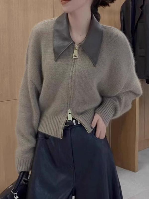 秋冬 コーデ レディース ファッション オシャレ 服 カワイイ シンプル 大人カワイイ 大きいサイズ レザー ダブル ジッパー ニット ジャケット ソフト セーター カーディガン