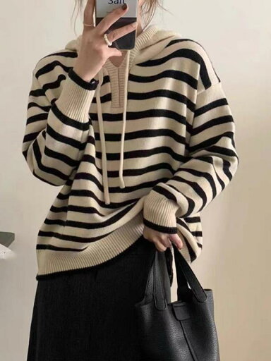 秋冬 コーデ レディース ファッション オシャレ 服 カワイイ シンプル 大人カワイイ 大きいサイズ フード付き セーター トップス ハイエンド プルオーバー ストライプ セーター 秋冬 コーデ レディース ファッション オシャレ 服 カワイイ シンプル 大人カワイイ 大きいサイズ フード付き セーター トップス ハイエンド プルオーバー ストライプ セーター