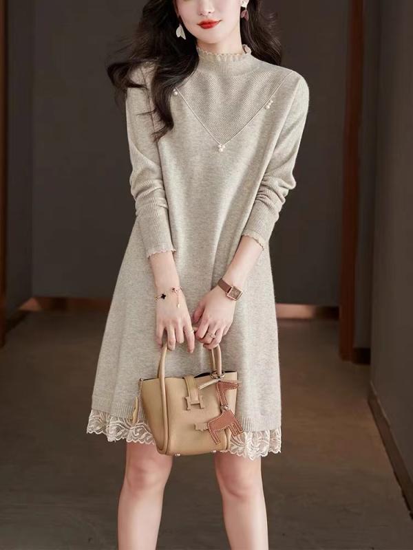 秋冬 コーデ レディース ファッション オシャレ 服 カワイイ シンプル 大人カワイイ 大きいサイズ ドレス ハーフ タートルネック ハイエンド スリミング ニット スカート ミドル丈 プルオーバー セーター 厚手