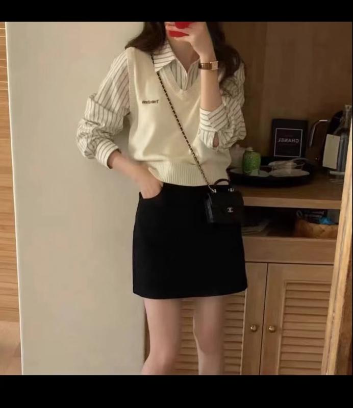 秋冬 コーデ レディース ファッション オシャレ 服 カワイイ シンプル 大人カワイイ 大きいサイズ カレッジ フェイク ツーピース シャツ ベスト チェック 袖 Vネック ニット(4)