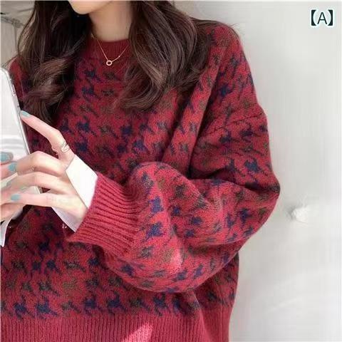 秋冬 コーデ レディース ファッション オシャレ 服 カワイイ シンプル 大人カワイイ 大きいサイズ レトロ チェック柄 セーター ラウンドネック
