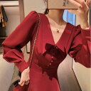 秋冬 コーデ レディース ファッション オシャレ 服 カワイイ シンプル 大人カワイイ 大きいサイズ フレンチ ウエスト スリム レッド ドレス ハイエンド ウェア ブライダル ドレス スカート