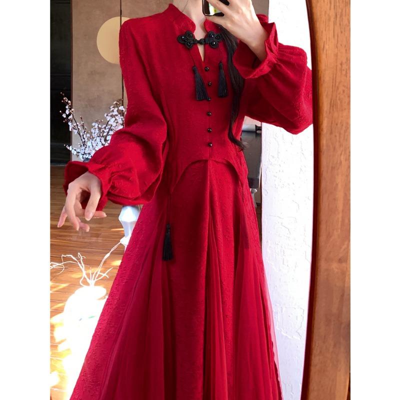 秋冬 コーデ レディース ファッション オシャレ 服 カワイイ シンプル 大人カワイイ 大きいサイズ リアル ショット フレンチ レトロ スリム メッシュ バックル タッセル ドレス