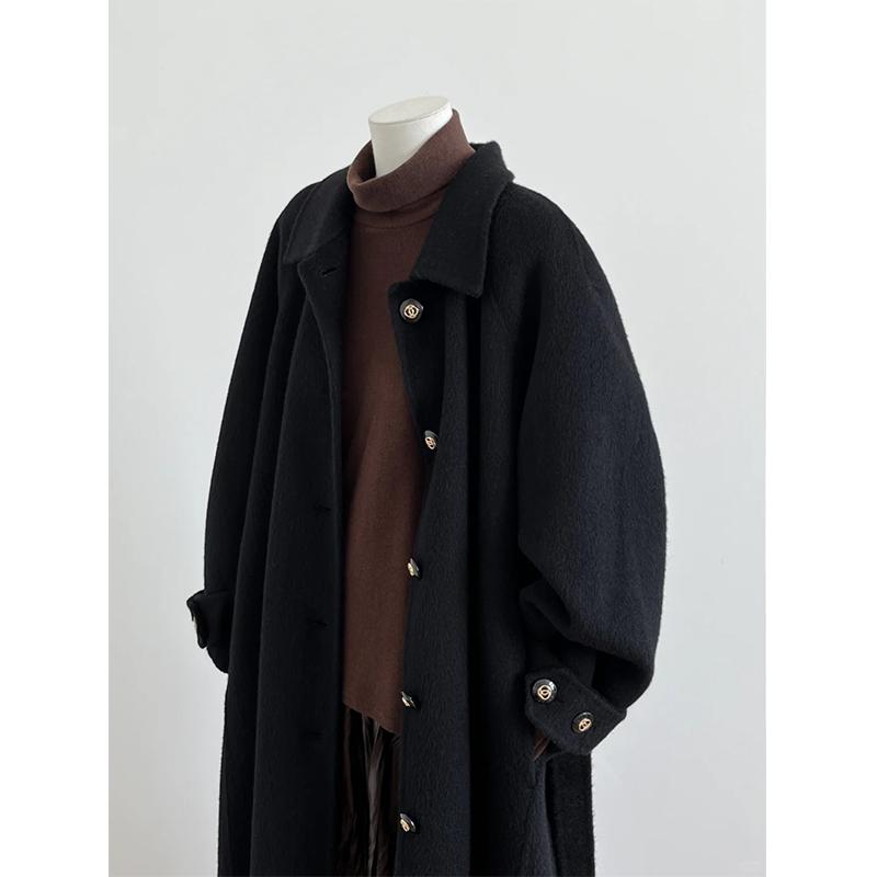 秋冬 コーデ レディース ファッション オシャレ 服 カワイイ シンプル 大人カワイイ 大きいサイズ ウール コート 黒 ハイエンド 韓国スタイル ロング