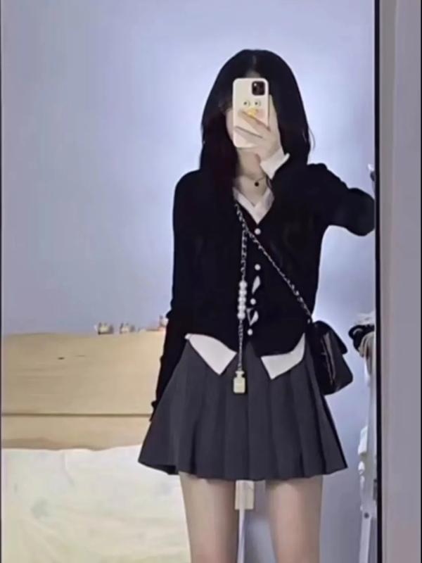 秋冬 コーデ レディース ファッション オシャレ 服 カワイイ シンプル 大人カワイイ 大きいサイズ 衣装 カレッジ フェイク ツーピース トップス ガールズ プリーツスカート スーツ