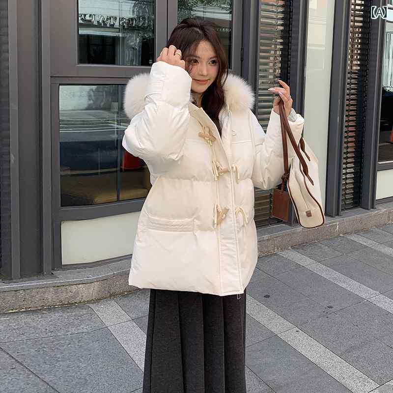 秋冬 コーデ レディース ファッション オシャレ 服 カワイイ シンプル 大人カワイイ 大きいサイズ ダウン コットン コート パープル 大きいファー 襟 フード付き コットン コート ジャケット