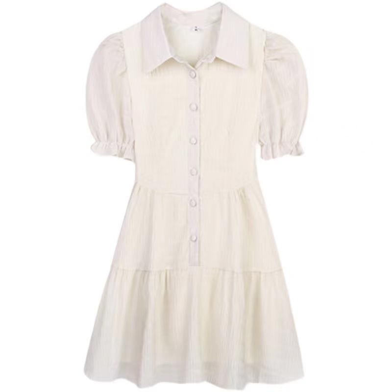 秋冬 コーデ レディース ファッション オシャレ 服 カワイイ シンプル 大人カワイイ 大きいサイズ ポロ カラー 半袖 シフォン ドレス ウエスト スリム フェアリー Aライン スカート