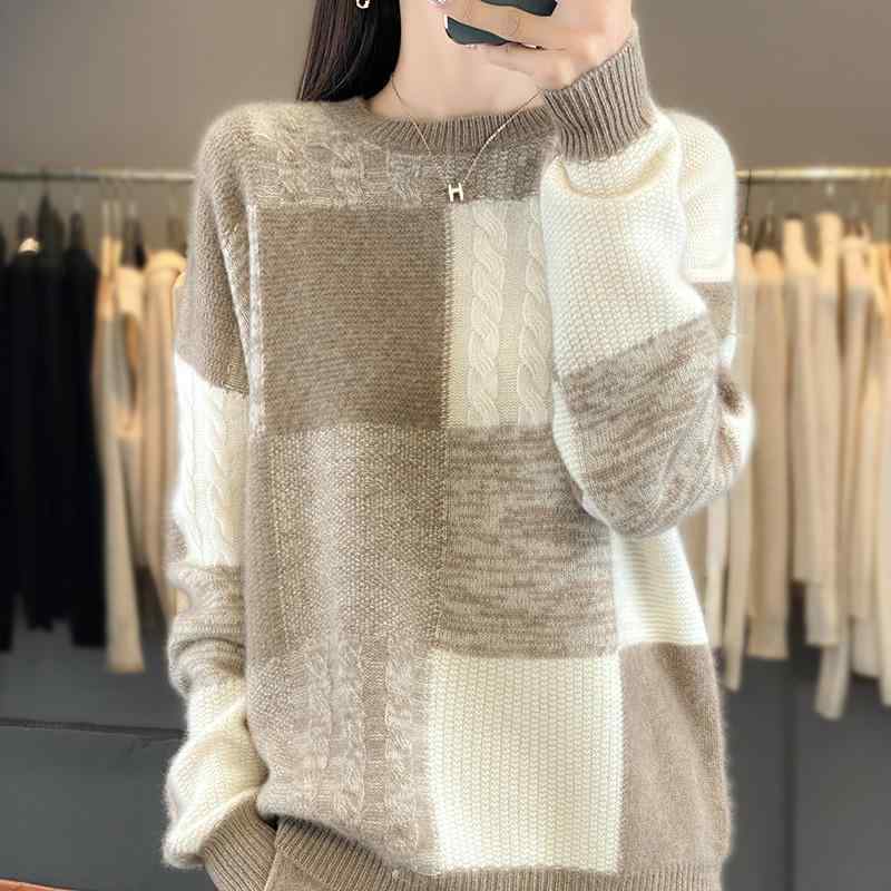 秋冬 コーデ レディース ファッション オシャレ 服 カワイイ シンプル 大人カワイイ 大きいサイズ ラウンドネック カラー ブロック セーター ウール ニット ボトム プルオーバー