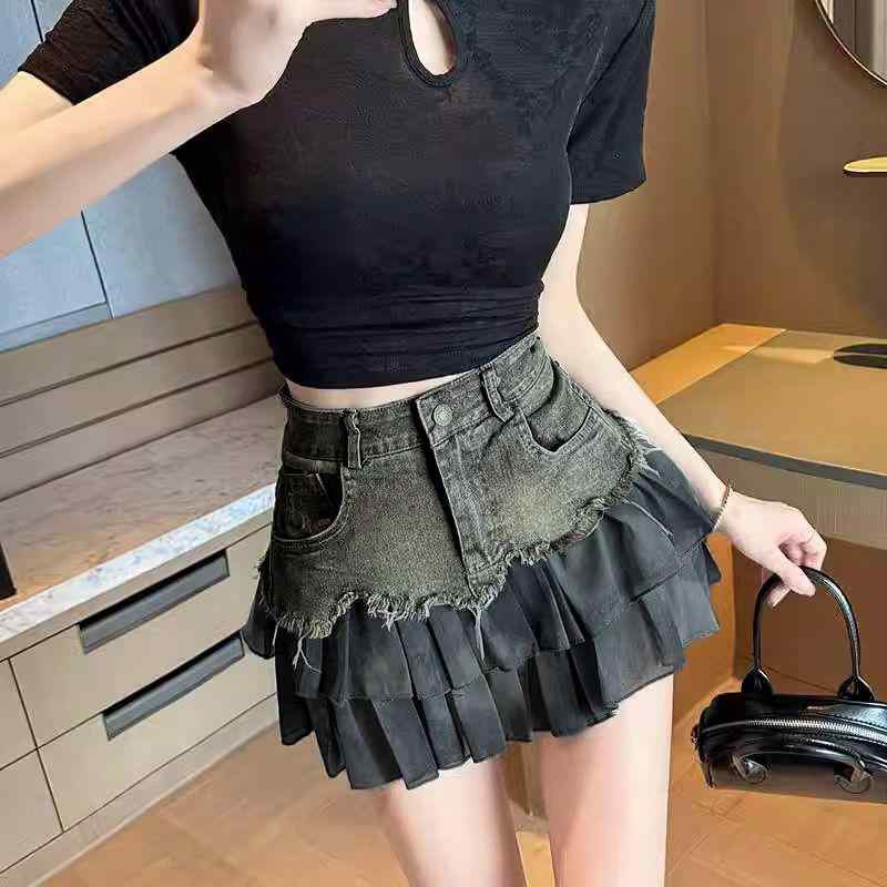 秋冬 コーデ レディース ファッション オシャレ 服 カワイイ シンプル 大人カワイイ 大きいサイズ ガールズ デニムスカート レトロ ヒップ Aライン スカート ケーキ プリーツスカート