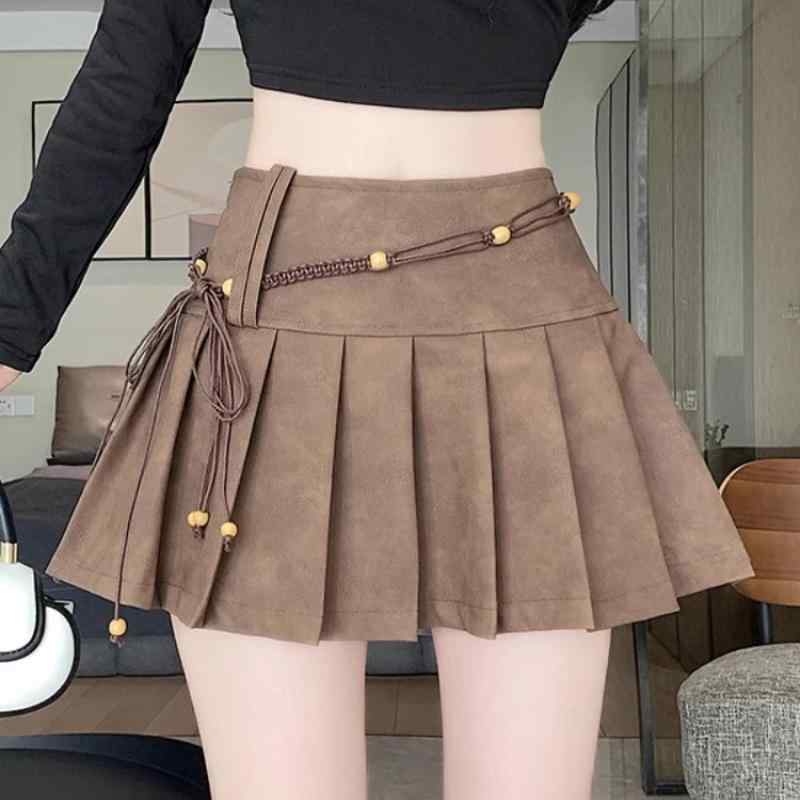 秋冬 コーデ レディース ファッション オシャレ 服 カワイイ シンプル 大人カワイイ 大きいサイズ ガールズ ハイウエスト Aライン プリーツスカート アメリカン レトロ PU レザースカート スカート