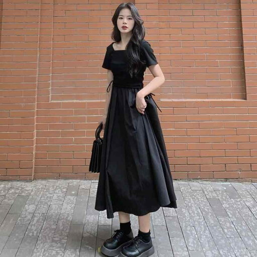 秋冬 コーデ レディース ファッション オシャレ 服 カワイイ シンプル 大人カワイイ 大きいサイズ 黒 スクエアネック ドレス フレンチ レトロ ウエスト スリム ロング スカート 秋冬 コーデ レディース ファッション オシャレ 服 カワイイ シンプル 大人カワイイ 大きいサイズ 黒 スクエアネック ドレス フレンチ レトロ ウエスト スリム ロング スカート