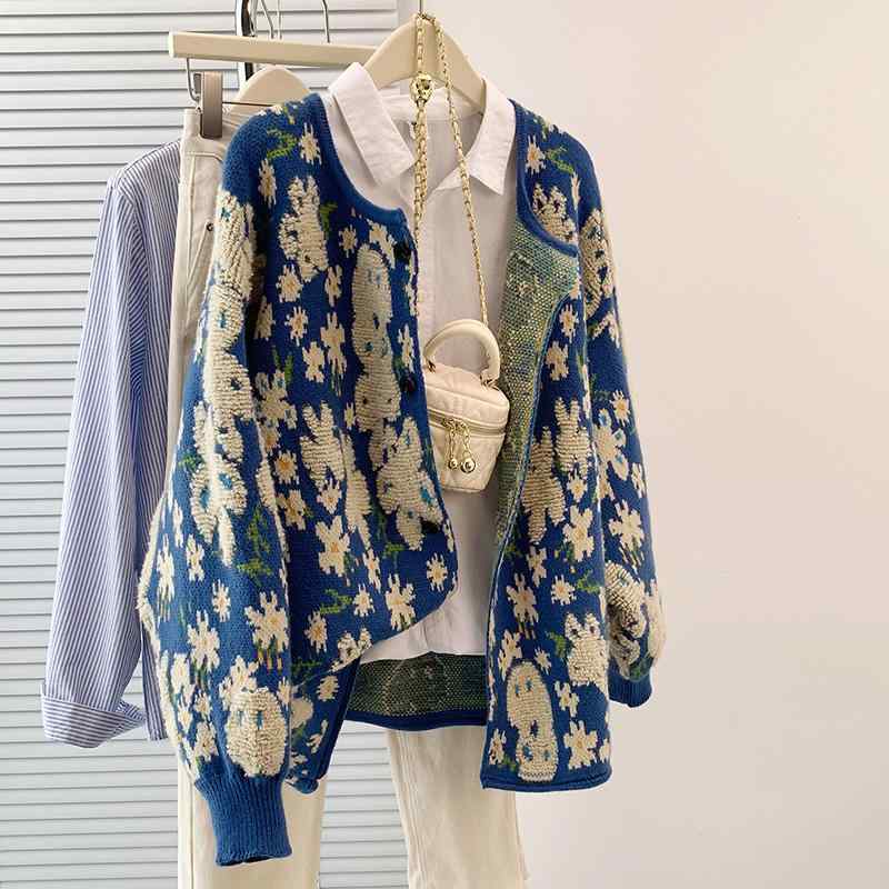 秋冬 コーデ レディース ファッション オシャレ 服 カワイイ シンプル 大人カワイイ 大きいサイズ ジャカード ニット カーディガン モダン ラウンドネック カジュアル セーター ジャケット