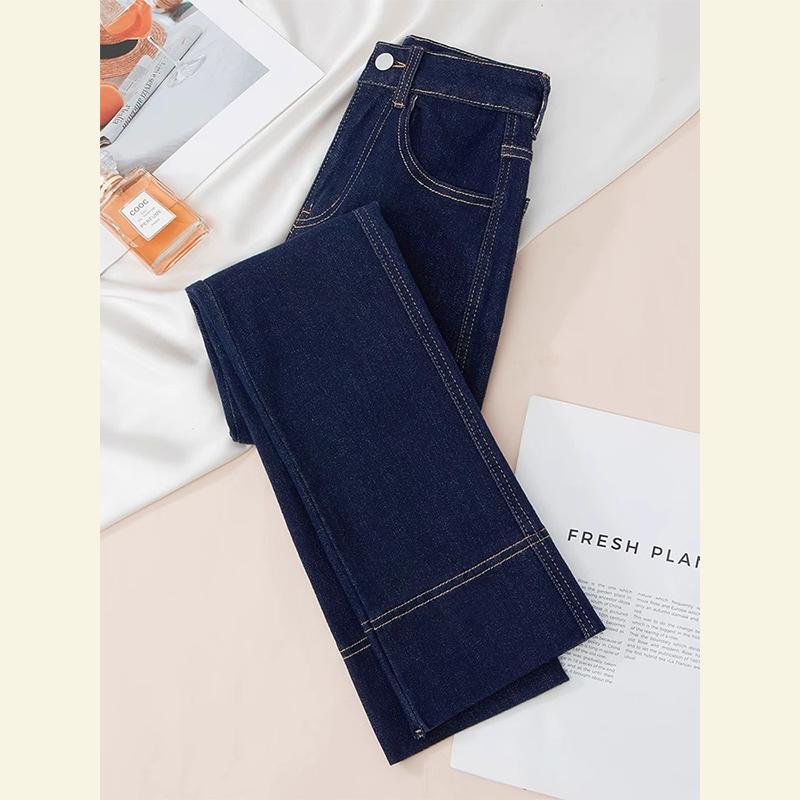 秋冬 コーデ レディース ファッション オシャレ 服 カワイイ シンプル 大人カワイイ 大きいサイズ ハイウエスト ストレート パンツ スリムフィット ブルー ジーンズ