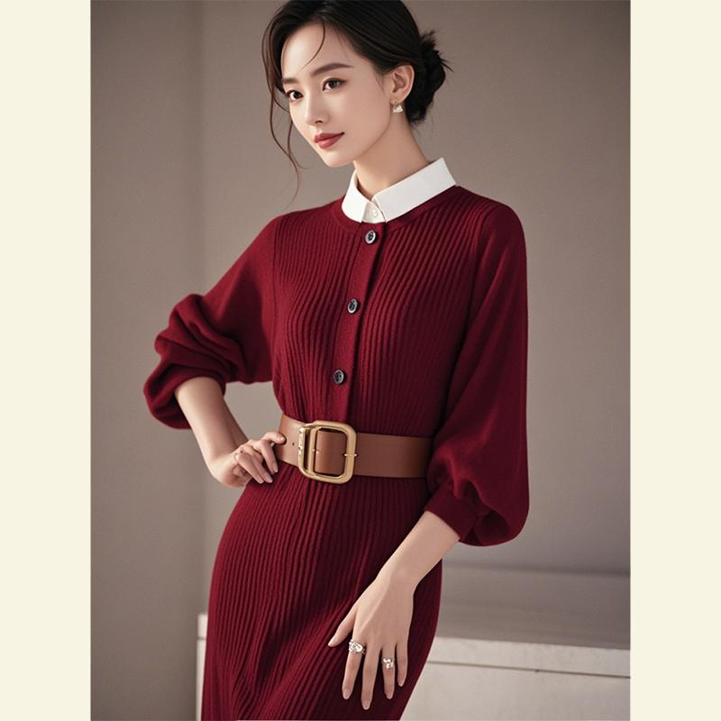 秋冬 コーデ レディース ファッション オシャレ 服 カワイイ シンプル 大人カワイイ 大きいサイズ お姫様 スタイル ハイエンド フォーマル レッド ニット ドレス